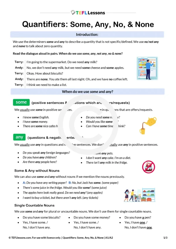 First page of the Some and Any ESL worksheet showing grammar explanations and exercises on quantifiers some, any, no, and none.
