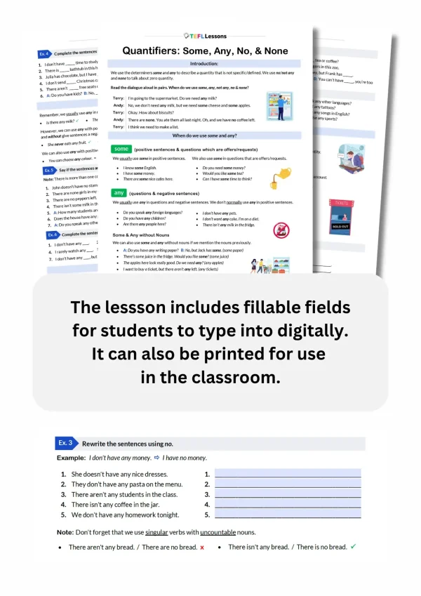 All pages of the Some and Any ESL worksheet with fillable fields highlighted for interactive practice of some, any, no, and none quantifiers.