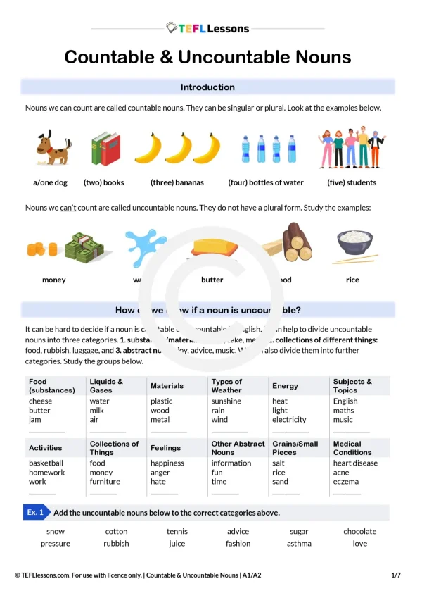 Countable and uncountable nouns lesson – first page preview for ESL classes