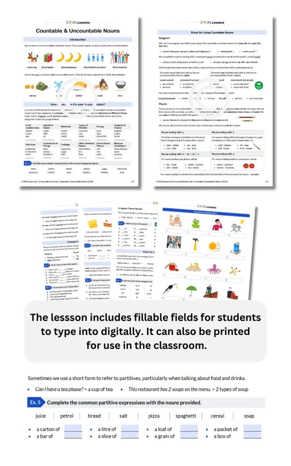Countable and uncountable nouns lesson – full set of pages with fillable fields