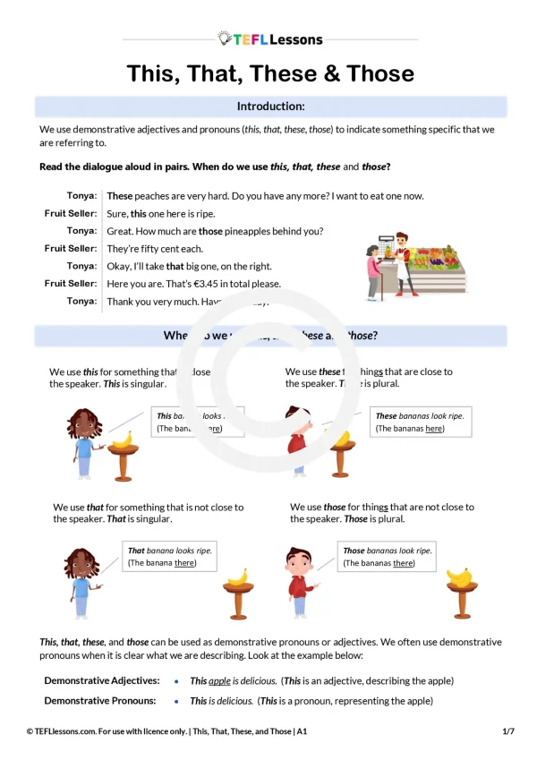 This That These Those worksheet preview with grammar explanation and gap-fill activity