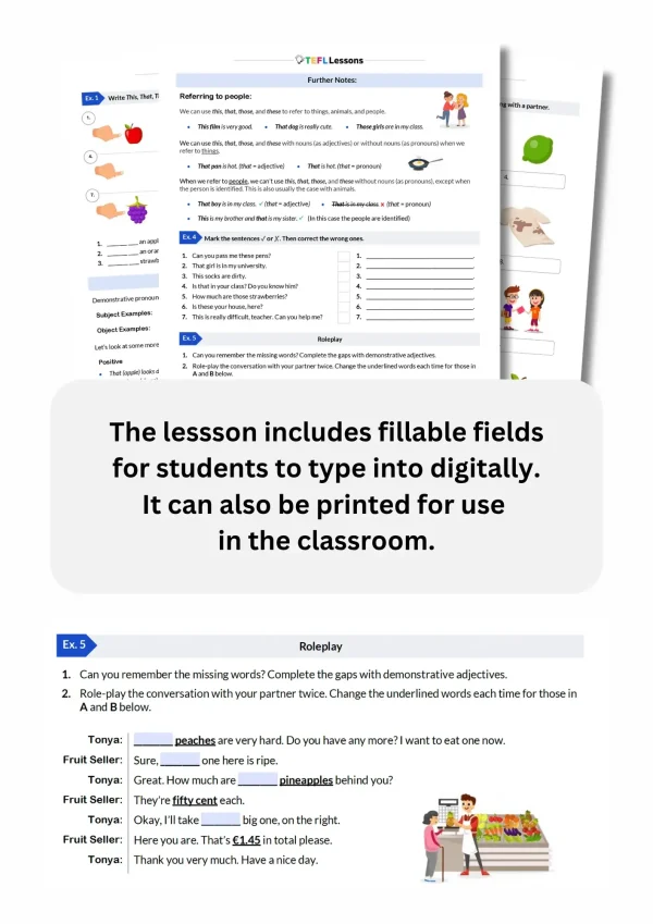 Four-page This That These Those ESL worksheet with student practice activities