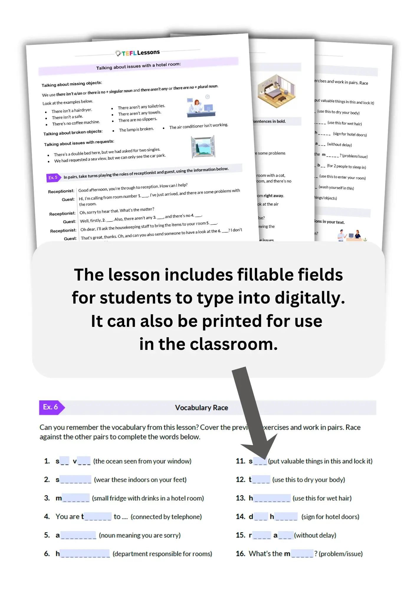 hotel room vocabulary worksheet and dialogue lesson