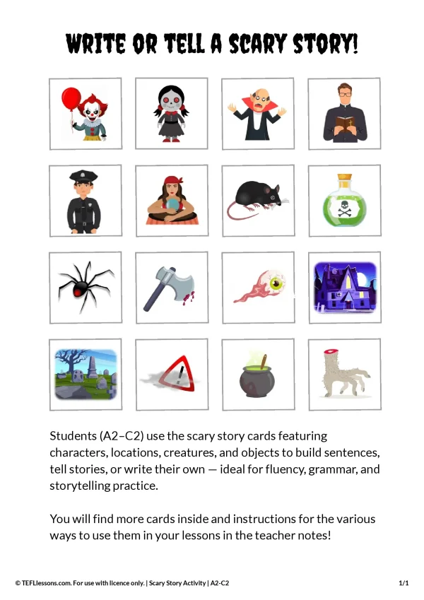 Scary story cards for ESL creative writing activity featuring characters, locations, creatures, and objects.