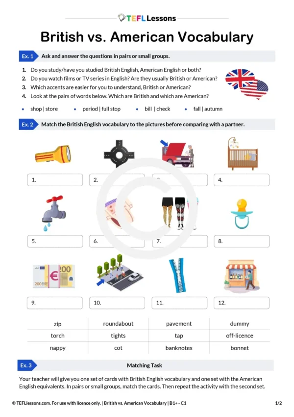 British vs American English Worksheet | ESL Vocabulary & Speaking ...