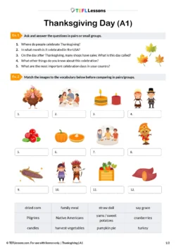 Thanksgiving ESL worksheet for A1 students
