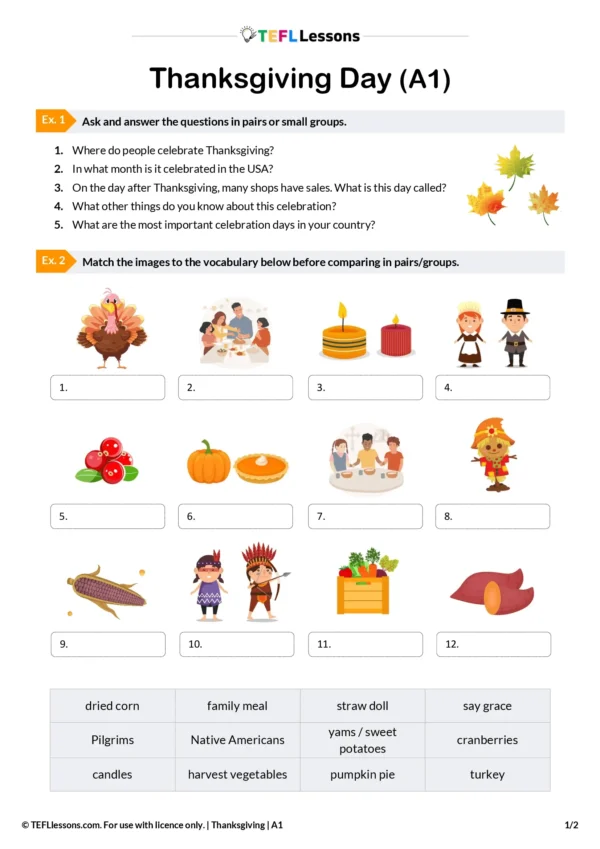 Thanksgiving ESL Worksheet – Free A1 Elementary Lesson - TEFL Lessons ...