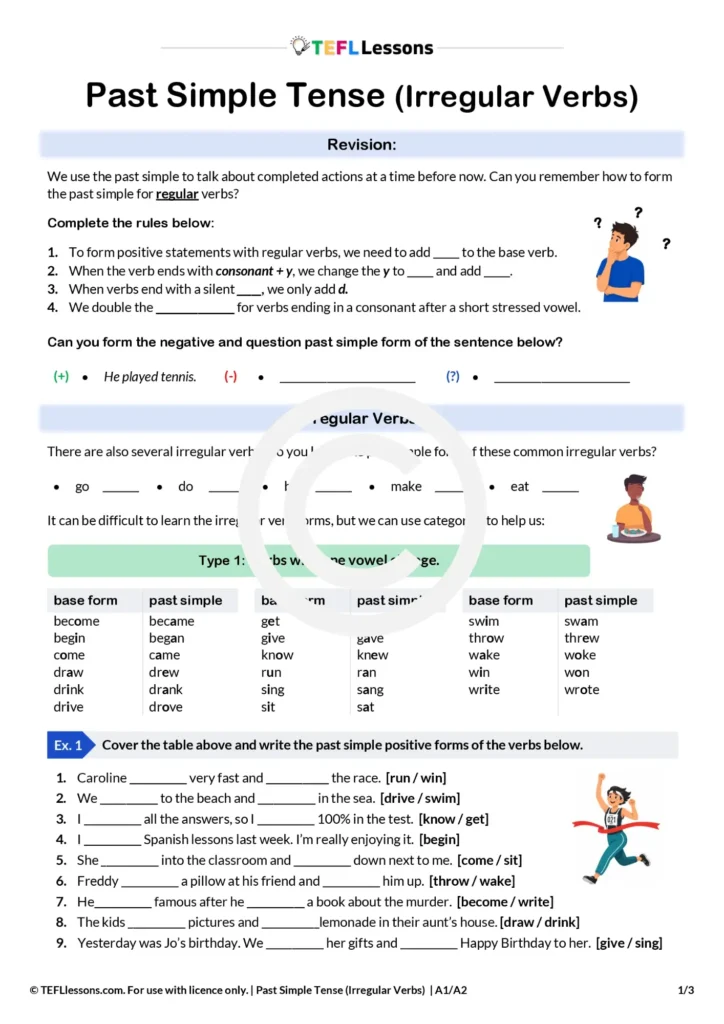 Past Simple Irregular Verbs Worksheet PDF | A1/A2 ESL Lesson | - TEFL ...