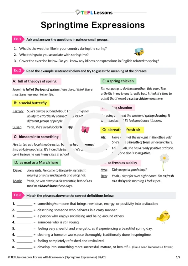 Spring Idioms ESL Lesson | B2/C1 Speaking & Vocabulary - TEFL Lessons ...