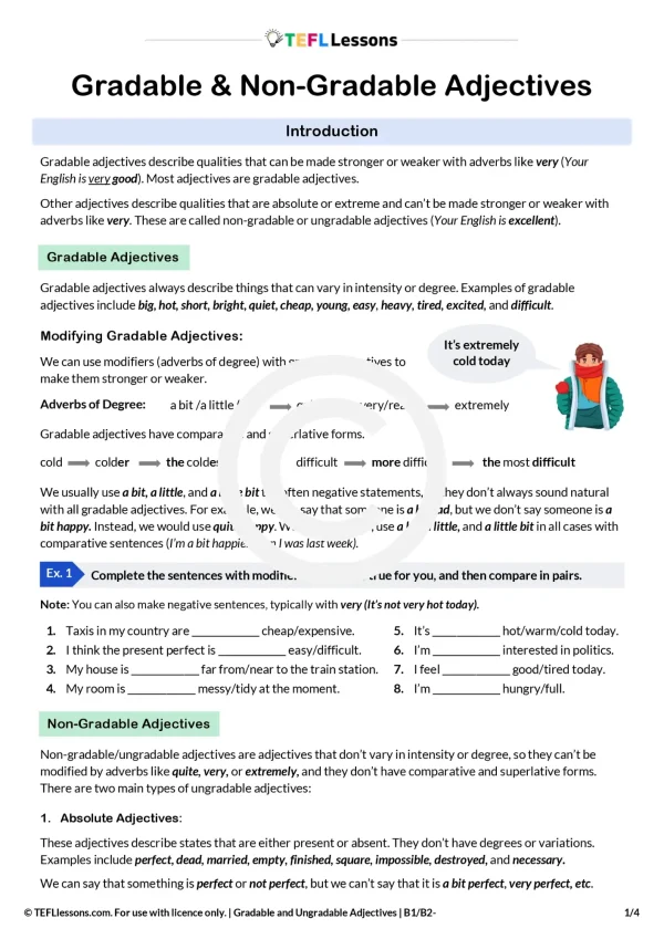 Gradable and Non-Gradable Adjectives worksheet page with grammar explanation, examples, and fillable fields for ESL learners