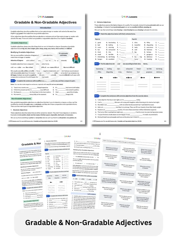 Gradable and Non-Gradable Adjectives worksheet with grammar rules, fillable fields, and speaking tasks for ESL classes
