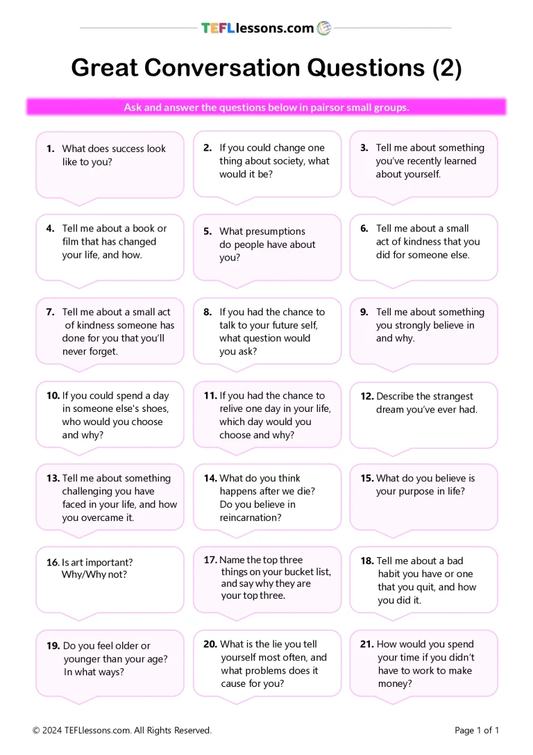This ESL speaking activity features 21 great conversation questions designed to get your ESL students talking and thinking. Ideal for both adult and teen learners, these questions encourage meaningful discussion, build speaking fluency, and help develop real-life communication skills. Use these great conversation questions to energise your lessons and create engaging classroom conversations. This lesson comes with: Teacher’s Copy – Includes detailed teacher’s notes and an answer key. Student Version – Perfect for sharing via email for online lessons. This is most suited to B2/C1 level students but can be used at B1+ level with extra support. 25 minutes + Looking for more ESL conversation questions? Try our other ESL speaking materials with great conversation questions for ESL classes. Why use our Great Conversation Questions ESL Activity? Teaching speaking skills through conversation questions is essential for helping students become confident and fluent English speakers. These types of open-ended questions encourage learners to express personal opinions, share experiences, and actively listen to others—skills that are critical for real-life communication. Using great conversation questions in class creates a supportive environment where students can practise natural language, expand their vocabulary, and improve their grammar in context. It also helps reduce speaking anxiety and boosts classroom interaction, making it an effective and enjoyable way to build essential communication skills in any ESL setting. Try this Great Conversation Questions ESL Activity in class today! For best results when printing our PDFs, open and print them through Adobe Acrobat (free). Looking for more ESL conversation questions? Try our other ESL speaking materials with great conversation questions for ESL classes.