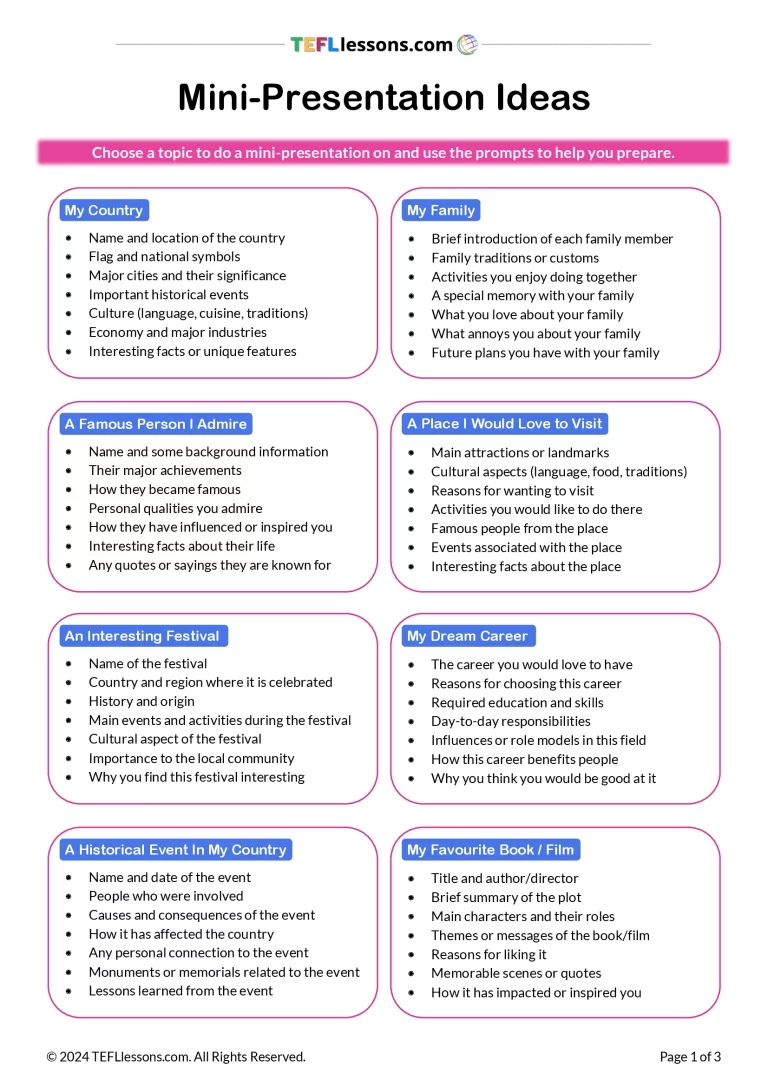 Free ESL presentation activity worksheet with 8 student-friendly topics and speaking prompts