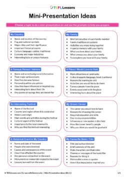 Free ESL presentation activity worksheet with 8 student-friendly topics and speaking prompts