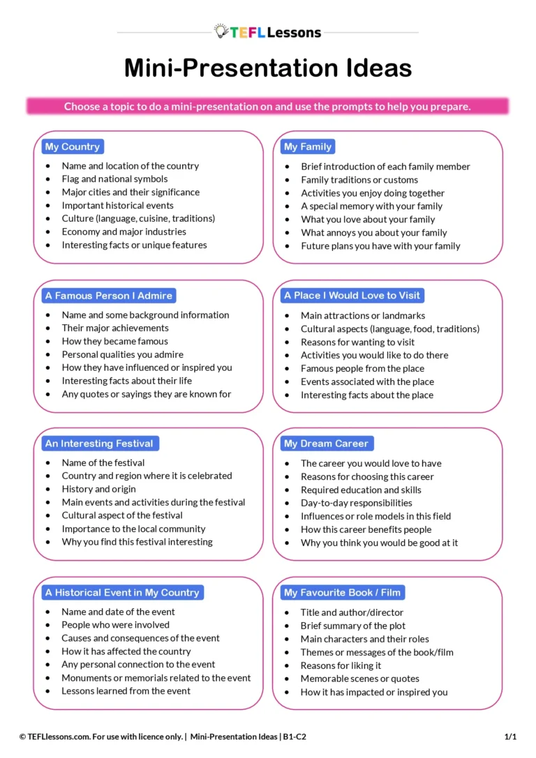 Free ESL presentation activity worksheet with 8 student-friendly topics and speaking prompts