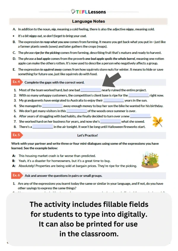 Autumn idioms ESL worksheet with teacher notes and fillable fields for online lessons.