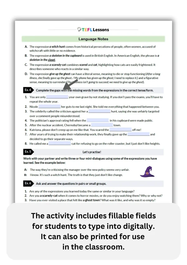 Spooky Expressions ESL lesson worksheet showing fillable fields for digital completion and editable activities.