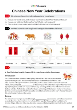 Chinese New Year ESL lesson worksheet with reading and vocabulary activities