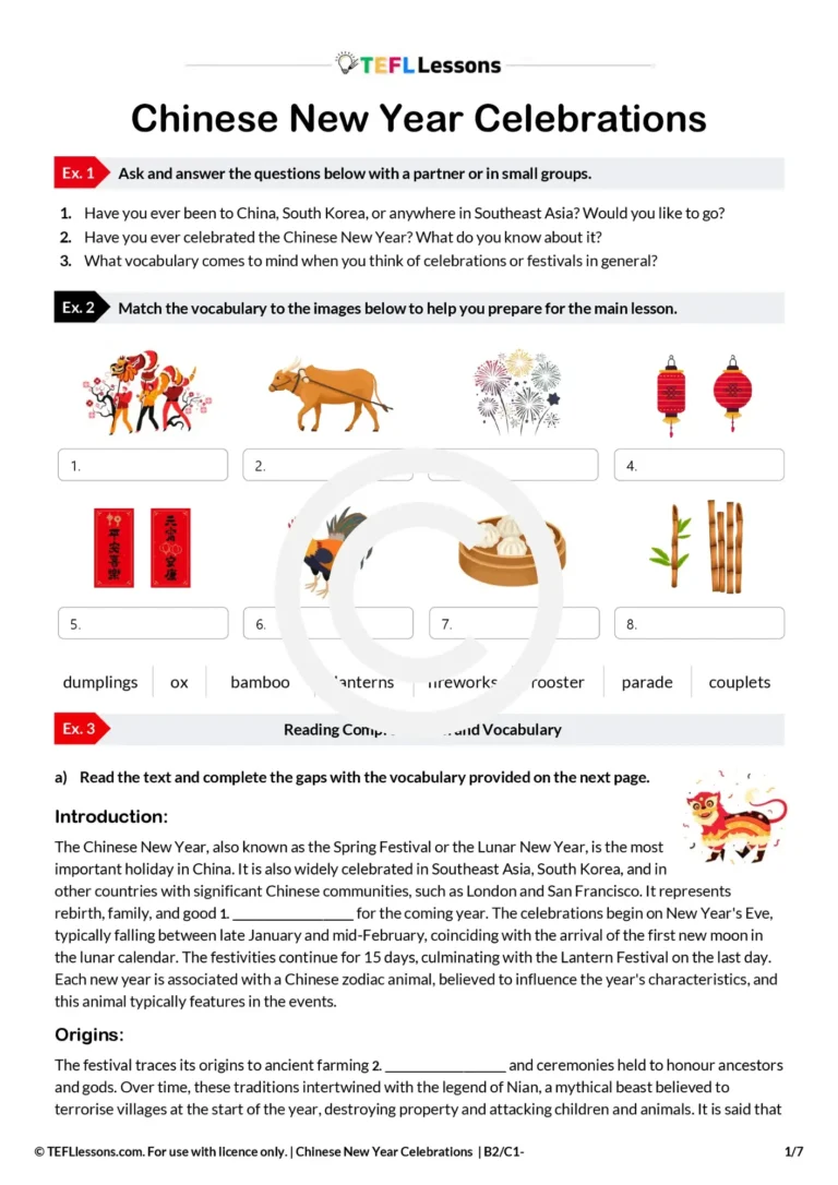 Chinese New Year ESL lesson worksheet with reading and vocabulary activities