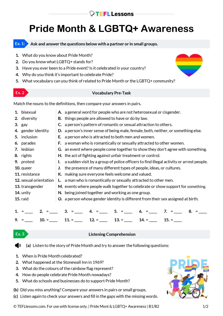 Pride Month ESL lesson worksheet showing listening tasks and LGBTQ+ vocabulary matching for B1 students.