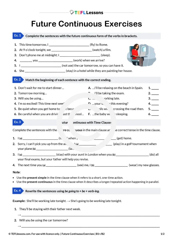 Future Continuous exercises worksheet PDF for B1/B2 ESL students – gap-fills, dialogues, and practice activities.