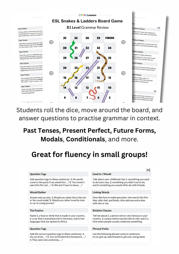 Printable B1 Grammar Review Game PDF with teacher notes and grammar question sets.