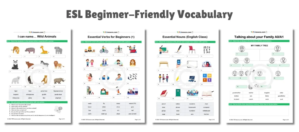 Back to School ESL Activities – beginner vocabulary worksheets for A0–A1 learners.