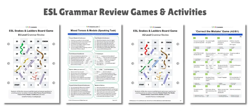 Back to School ESL Activities – grammar review board games and speaking practice.