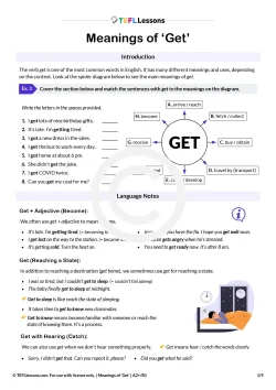 Meanings of Get ESL lesson plan first page with spider diagram and gap-fill exercise for A2–B1 learners