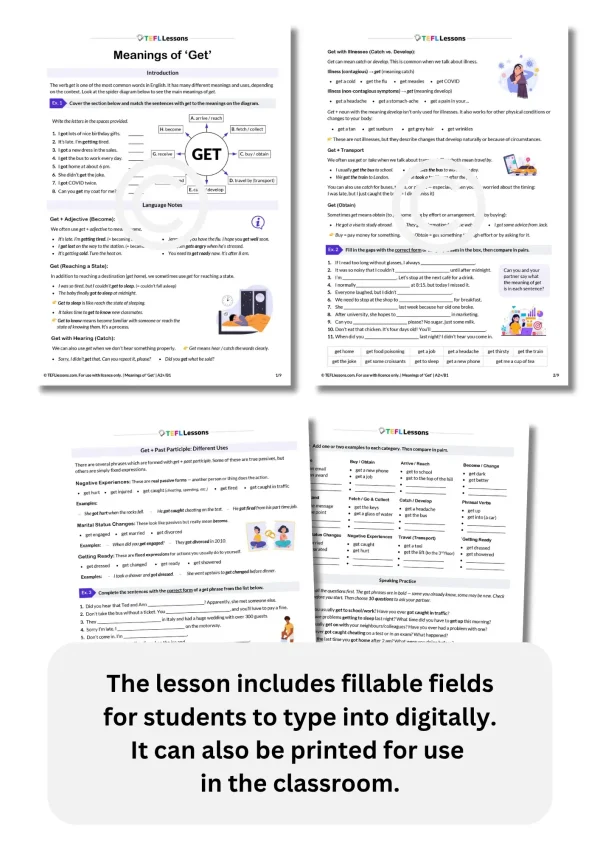 All pages of the Meanings of Get ESL lesson plan with teacher’s notes, student copy, answer key, and fillable fields