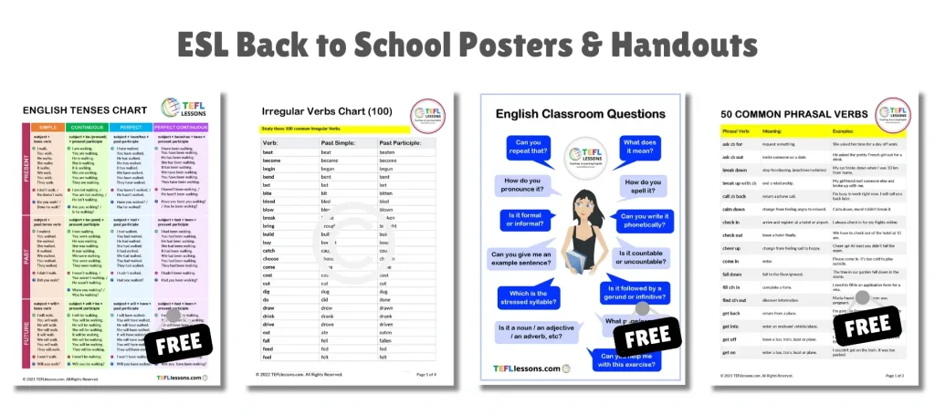 Back to School ESL Activities – classroom posters, charts, and study handouts.