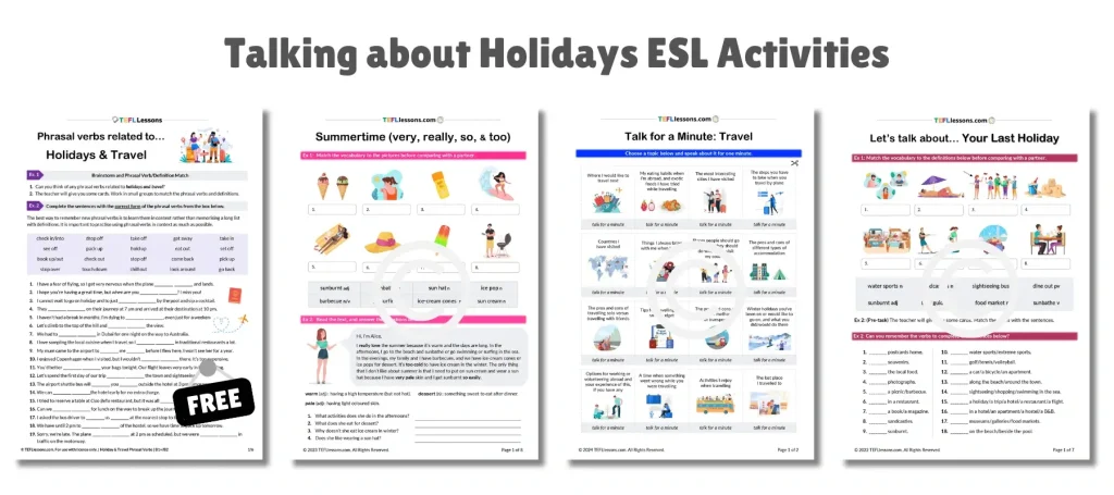 Back to School ESL Activities – holiday vocabulary, travel phrasal verbs, and speaking tasks.