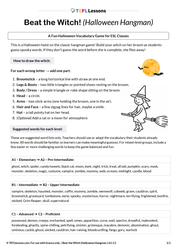 Beat the Witch! Free ESL Halloween Game – Fun Halloween Classroom Activity
