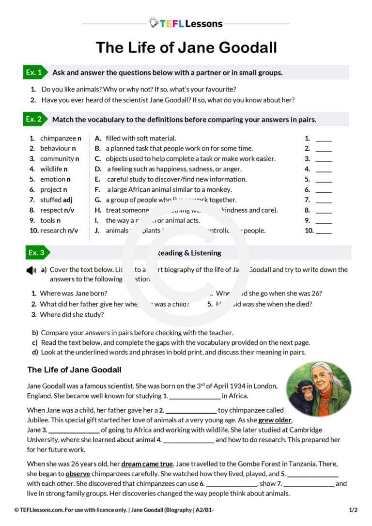 Jane Goodall ESL lesson A2 B1 biography reading and listening worksheet preview