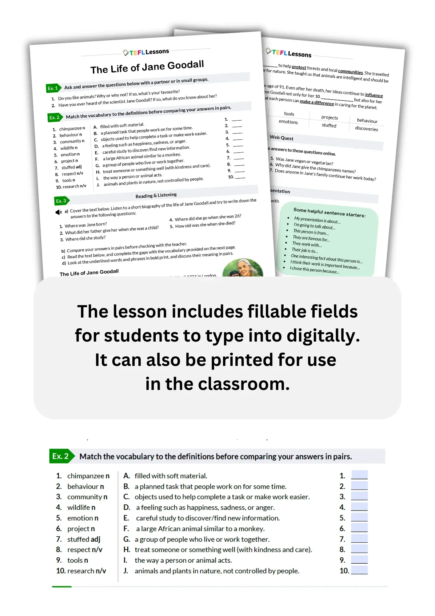 Jane Goodall biography ESL worksheet with fillable fields