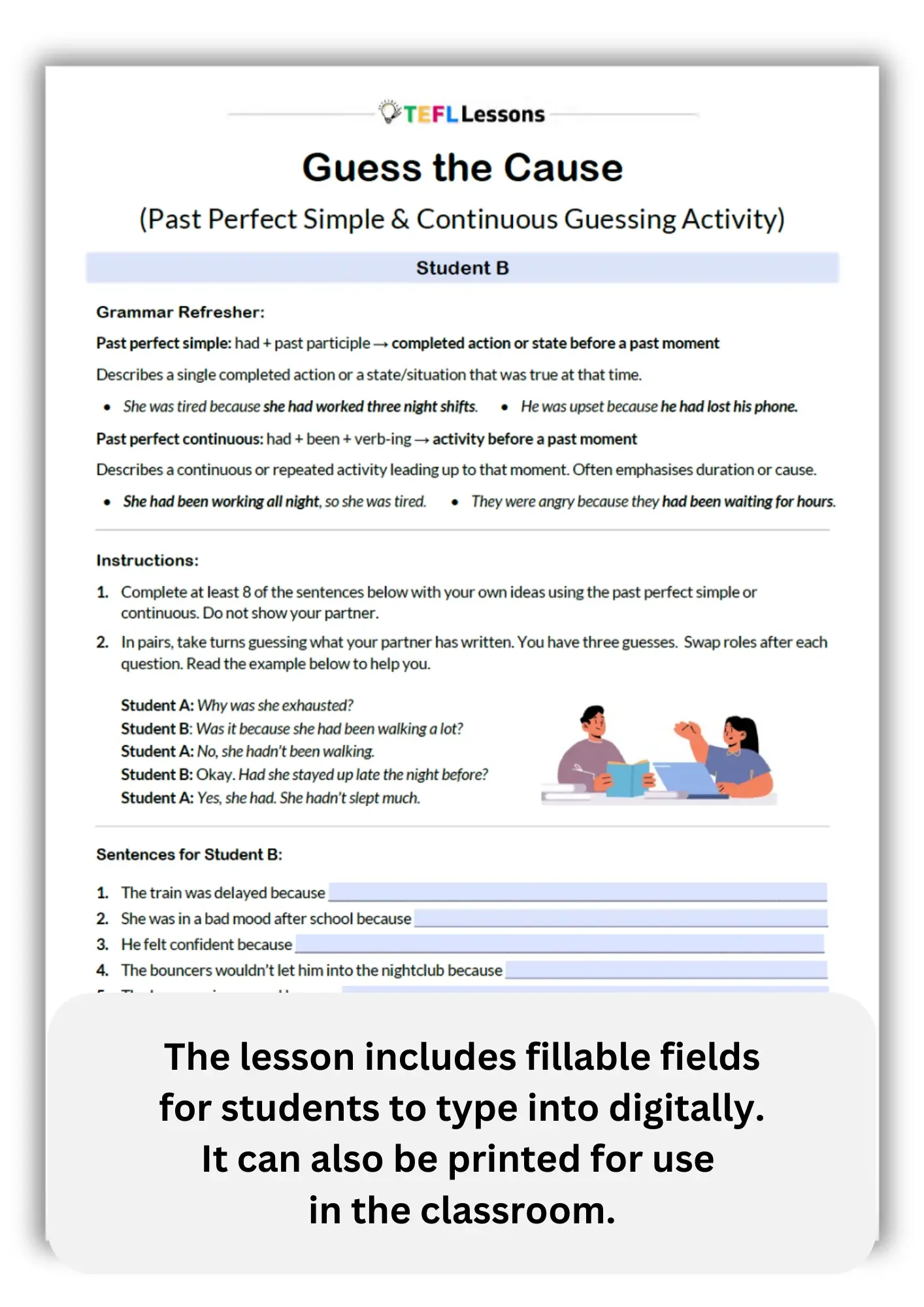 ESL past perfect speaking activity and communicative past perfect game with fillable fields