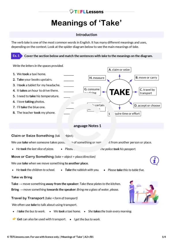 Take Over Text Examples Collocations with Take ESL Lesson | Meanings of the Verb Take | TEFL ...