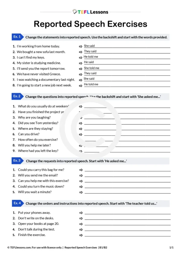 Reported Speech Worksheet | B1 ESL Exercises with Answers & Commands ...