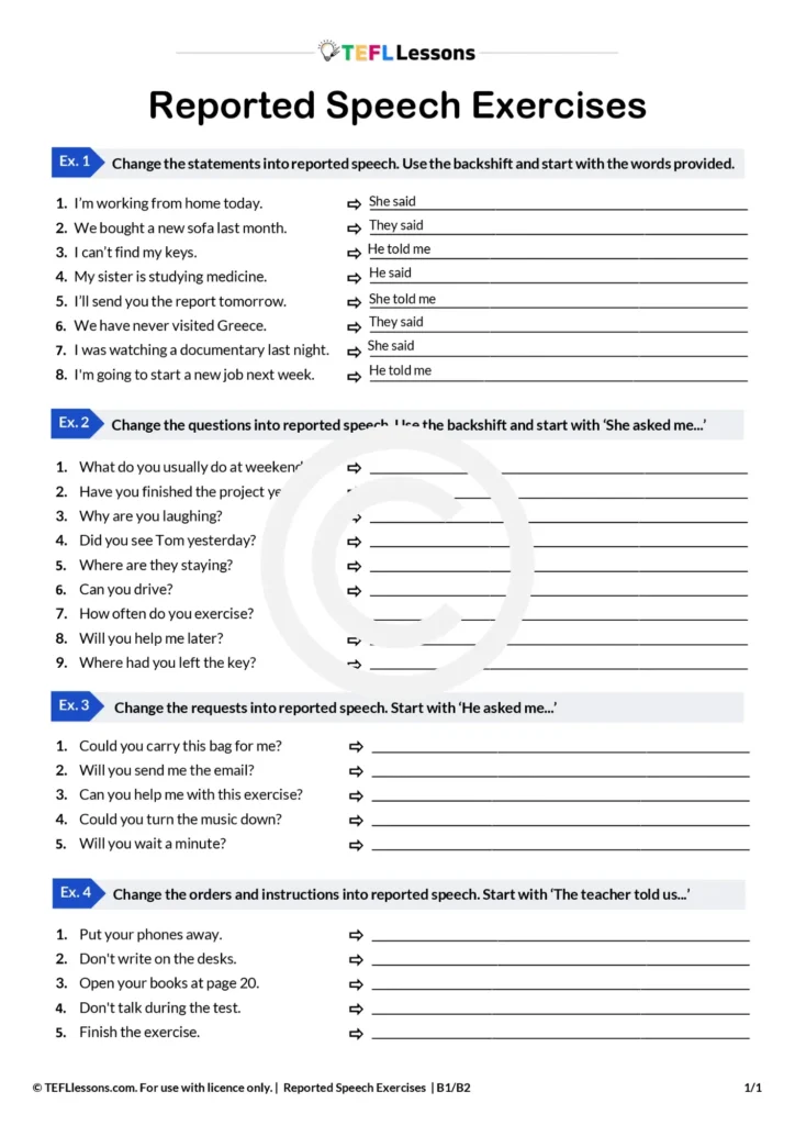 Reported Speech Worksheet | B1 ESL Exercises with Answers & Commands ...