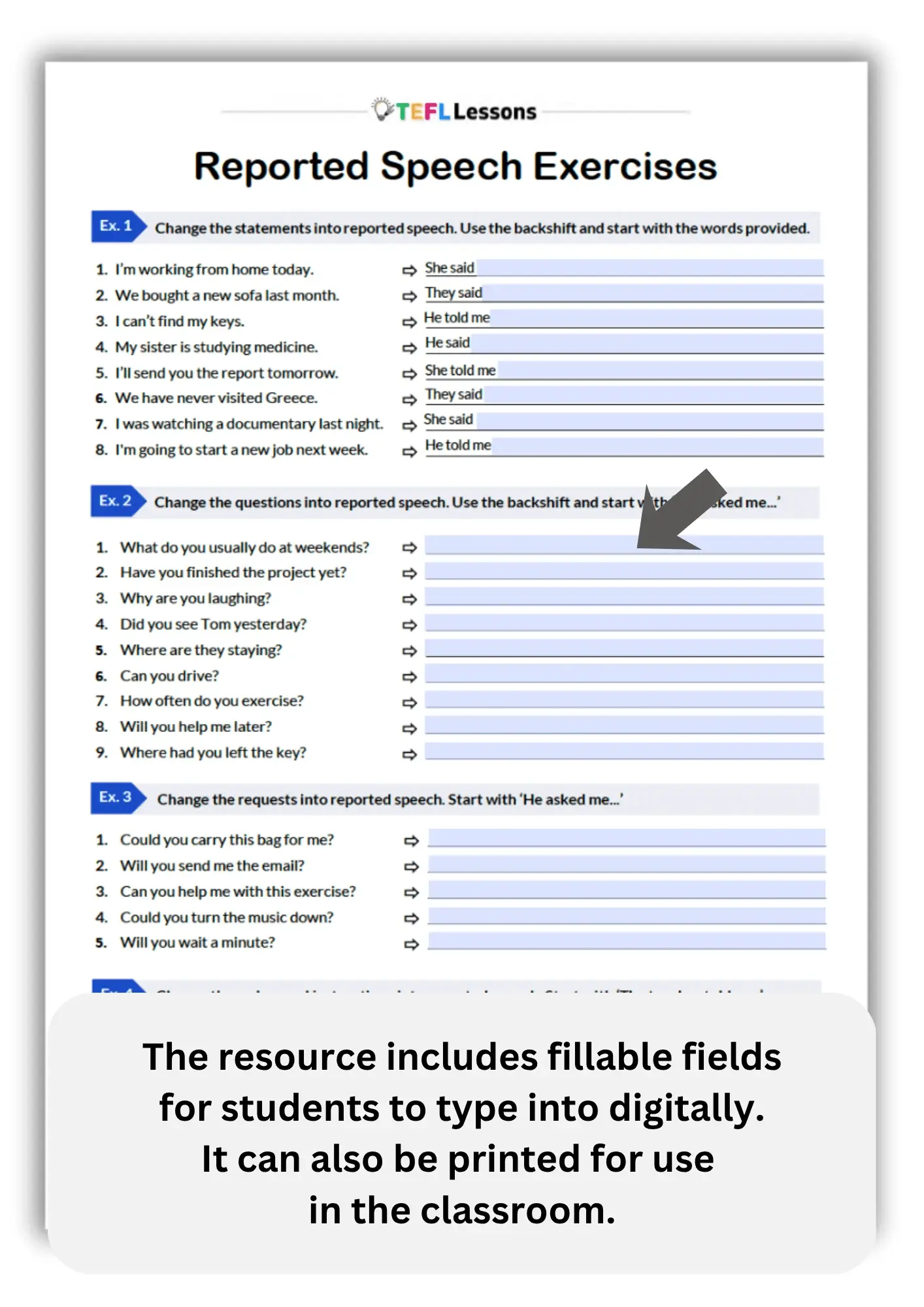 reported speech worksheet with answers