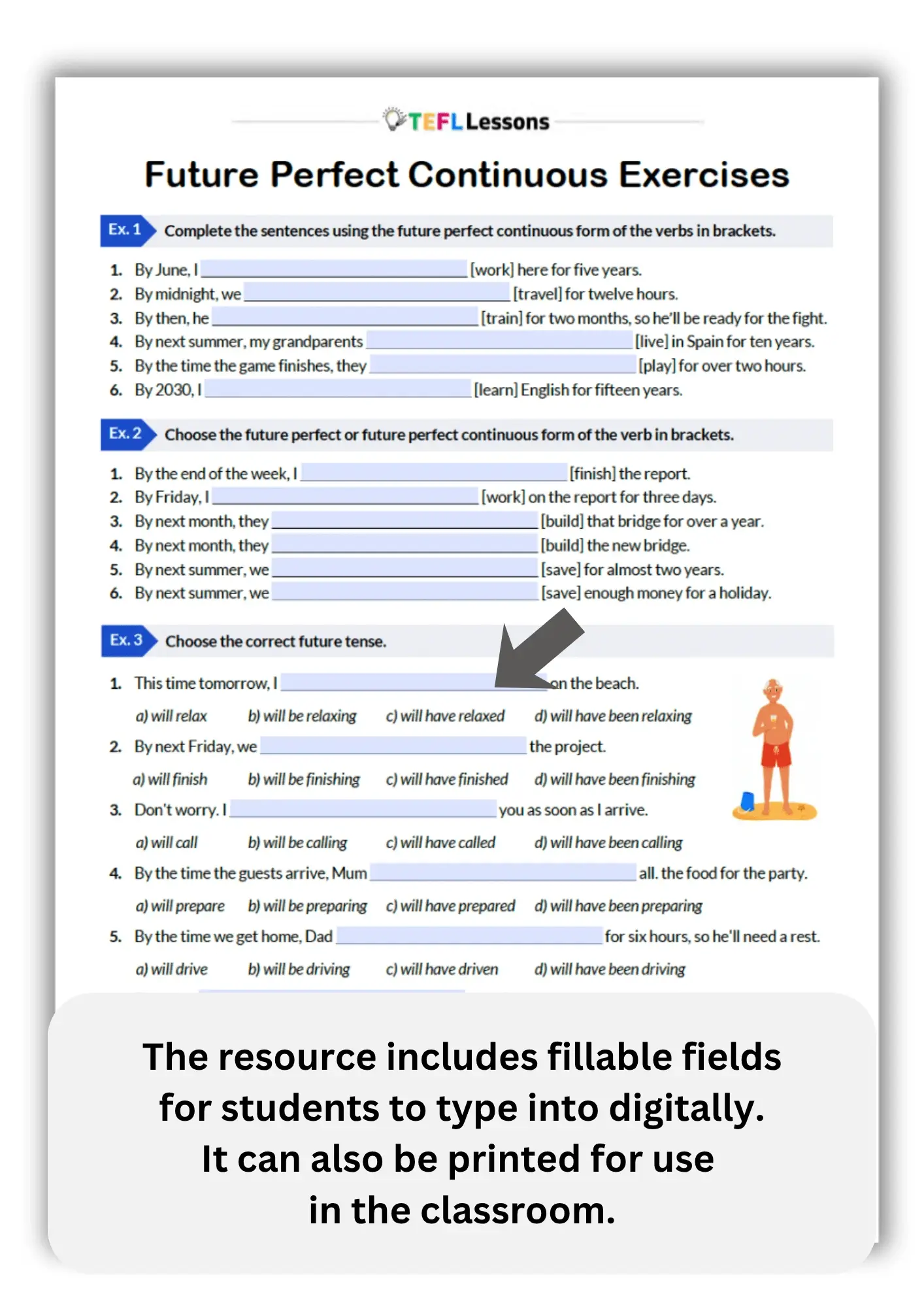 Future perfect continuous tense worksheet with fillable fields