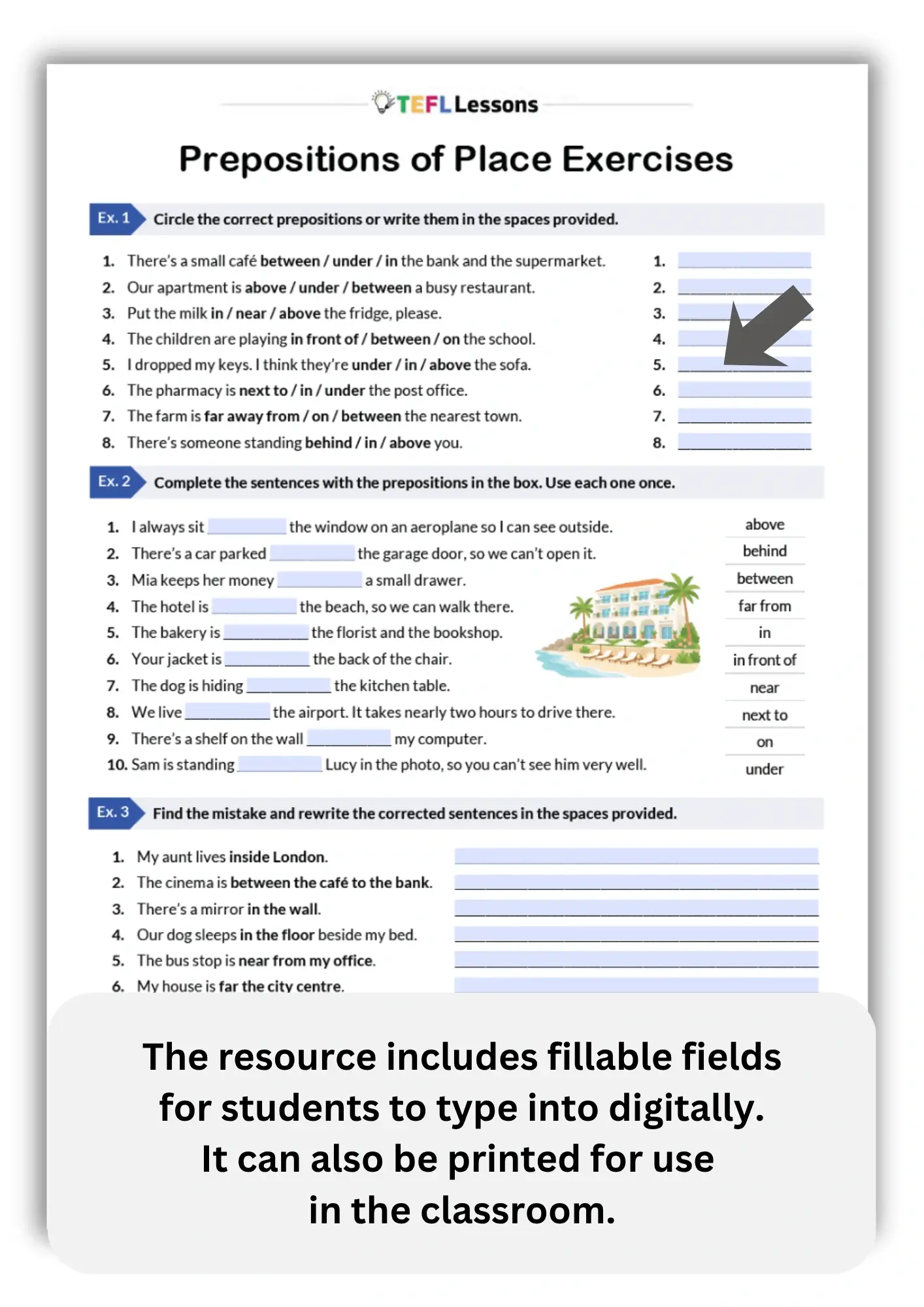 Prepositions of place exercises PDF