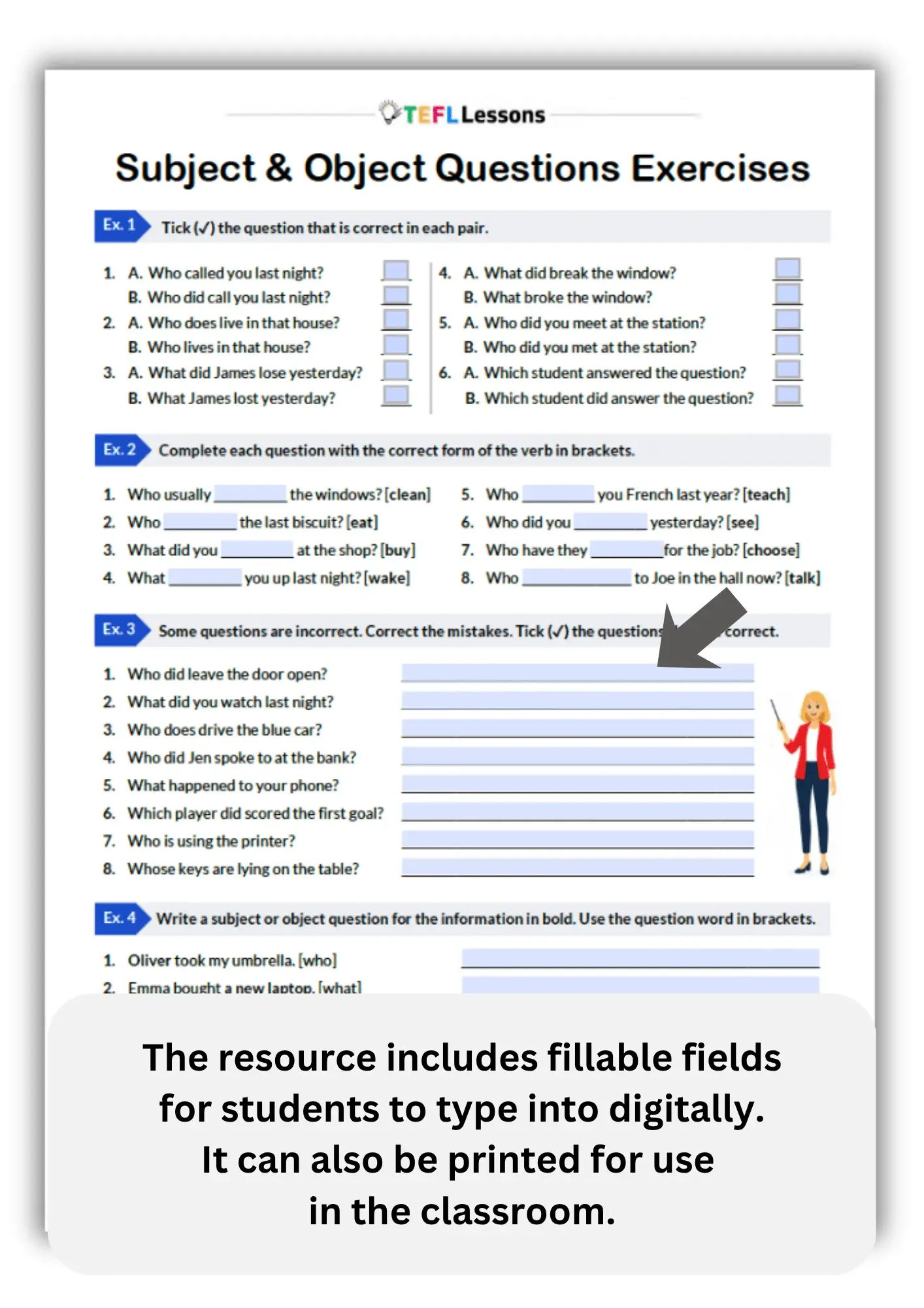 subject object questions exercises PDF with fillable fields