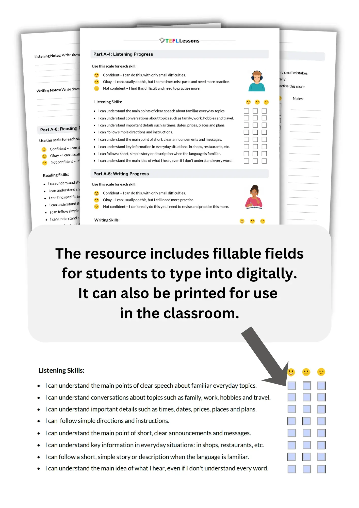 Student self assessment worksheet with fillable fields